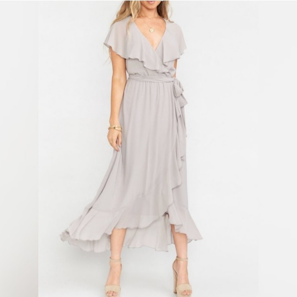 Show Me Your Mumu Jess Ruffle Midi Dress Purple Grey Boho Bridesmaid XS